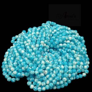 PRGLASS0002- 1 STRAND BLUE WHITE PRINTED 8MM ROUND GLASS BEADS