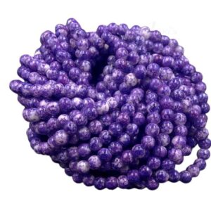 RGLASS0013- VIOLET WHITE PRINTED 8MM ROUND GLASS BEADS