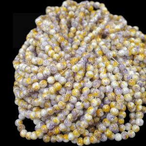 PRGLASS0015- YELLOW WHITE IRIS PRINTED 8MM ROUND GLASS BEADS
