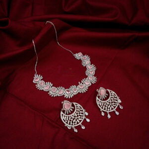 ARNAS SILVER TONED AMERICAN DIAMOND BLUSH PINK MONALISA STONE HEAVY DESIGNER NECKLACE SET