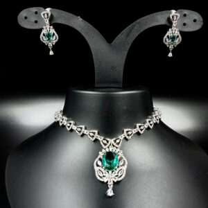 ARNAS SILVER TONED AMERICAN DIAMOND  GREEN DANGLER-EARRINGS DESIGNER NECKLACE SET
