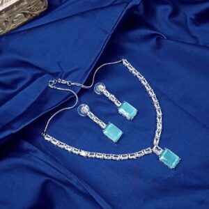 ARNAS SILVER TONED AMERICAN DIAMOND  MINT GREEN DOUBLET DESIGNER NECKLACE SET