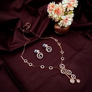 ARNAS ROSE GOLD TONED AMERICAN DIAMOND STUDED EARRINGS SLICK STYLISH NECKLACE SET
