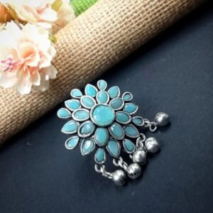 1 PC FLORAL MOTIVE STONE & GHUNGROO BIG SILVER RING