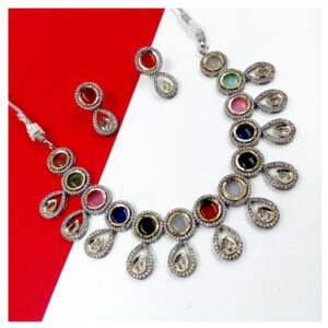 KUNDANSET0002- ARNAS MULTI COLOR MONALISA STONE WITH AMERICAN DIAMOND NECKLACE EAR RINGS COMBO