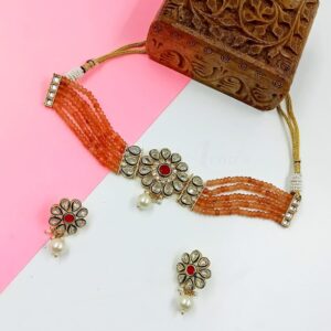 ARNAS PEACH PREMIUM QUALITY KUNDAN WITH LOOK ALIKE PEARL NECKLACE EAR RINGS COMBO