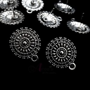 TOPs0079– 5 PAIRS PACK OF GERMAN SILVER | OXIDIZED SILVER ROUND MOTIF SINGLE LOOP STUD TOP FOR EARRING MAKING