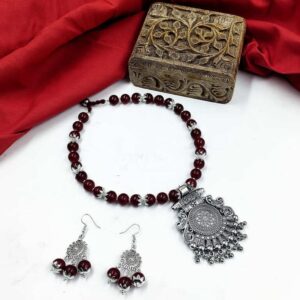 OXINECLASE0008- ARNAS HANDCRAFTED RUBY RED BEADS WITH OXIDIZED GERMAN SILVER PENDENT JEWELLERY SET
