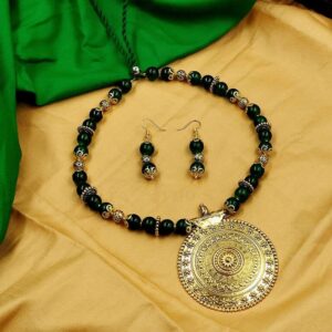 OXINECLASE0009- ARNAS HANDCRAFTED GREEN BEADS WITH GOLDEN OXIDIZED GERMAN SILVER PENDENT JEWELLERY SET