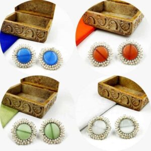 SILVER ROUND MOTIVE MONALISA STONE SET EARRINGS