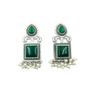 SILVER DESIGNER MOTIVE DARK GREEN STONE SET EARRINGS