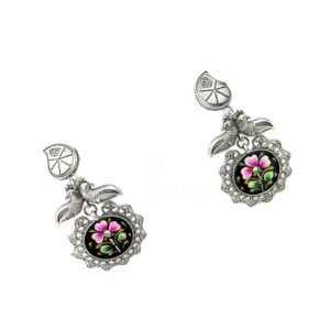 SILVER DESIGNER MOTIVE TANJORE HAND PAINTED SET EARRINGS