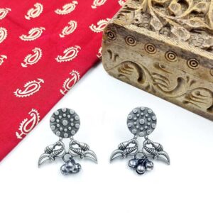 ARNAS 1 PAIR PACK OF SILVER FLORAL BIRD MOTIF WITH GHUNGROO SET EARRINGS