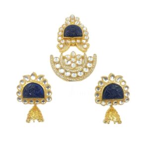 KUNDANP0038- ARNAS GOLD PLATED WITH NAVY BLUE STONE KUNDAN PENDENT AND EARRINGS COMBO PACK FOR HEAVY NECKLACE MAKING