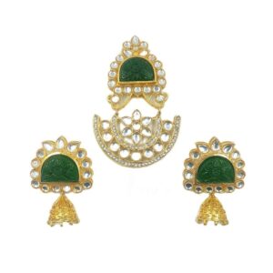 KUNDANP0039- ARNAS GOLD PLATED WITH GREEN STONE KUNDAN PENDENT AND EARRINGS COMBO PACK FOR HEAVY NECKLACE MAKING