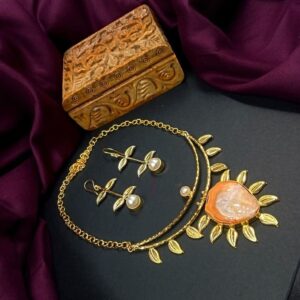 ARNAS MATT GOLD BRASS-PLATED DESIGNER MOTIF WITH ORANGE AGATE STONE JEWELLERY SET