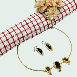 ARNAS MATT GOLD BRASS-PLATED DESIGNER MOTIF WITH UNCUT ORIGINAL STONE HASLI NECKLACE SET