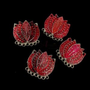 ARNAS 4 PCS PACK OF RED MEENA ON SILVER OXIDIZED LOTUS MOTIF CHARMS FOR NECKLACE | EARRINGS MAKING