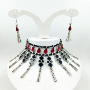 OXINECLASE0015 – ARNAS HANDCRAFTED RED & BLACK MEENA WITH OXIDIZED GERMAN SILVER PENDENT JEWELLERY SET