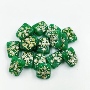 KUNDAN199 – ARNAS 5 PCs 17 X 14 MM GREEN HANDPAINTED KUNDAN WORK TUMBLE BEADS