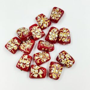 KUNDAN205 – ARNAS 5 PCs 17 X 14 MM RED HANDPAINTED KUNDAN WORK TUMBLE BEADS