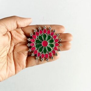 MEENAP0019- /0020/0021- ARNAS 2 PCs PACK OF ROUND DESIGNER MEENAKARI SILVER PALTED OXIDIZED PENDANT - PINK & GREEN