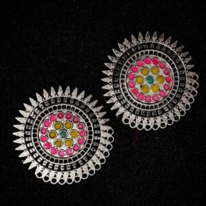 MEENAP0213- ARNAS 2 PCs PACK OF PINK & YELLOW MEENAKARI SILVER PALTED OXIDIZED ROUND DESIGNER PENDANT