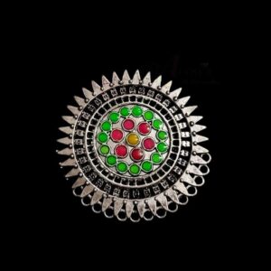 MEENAP0214- ARNAS 2 PCs PACK OF GREEN & PINK MEENAKARI SILVER PALTED OXIDIZED ROUND DESIGNER PENDANT