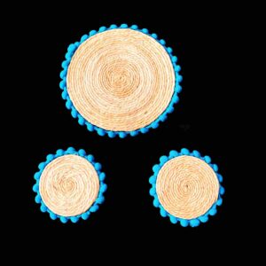 JUTEBASE06 ARNAS 1 PENDANT 2 EARRINGS SET OF SMALL JUTEBASE WITH SKY BLUE BORDER FOR JEWELLERY MAKING
