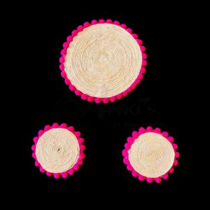 JUTEBASE04 ARNAS 1 PENDANT 2 EARRINGS SET OF SMALL JUTEBASE WITH RANI-PINK  BORDER FOR JEWELLERY MAKING