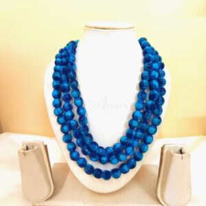 3LDORI50- ARNAS 1 PC PACK OF THREE LAYER FABRIC AND BEADS PRINTED SHADES OF BLUE WITH CHECK TASSEL WITH 2PCS FABRIC FLOWER