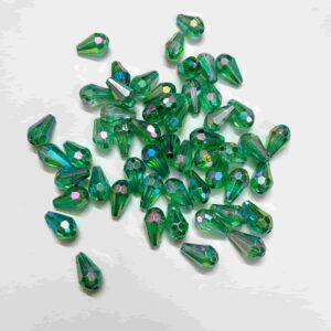 PLASTICBEADS0090 ARNAS 60 PCS PACK OF  LEAF GREEN 12x6MM DROP SHAPE TRANSPERANT RAINBOW POLISH CRYSTAL BEADS FOR JEWELLERY MAKING | EMBROIDERY | ART & CRAFT– 20 GM (APPROX)