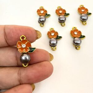 ECHARMS0271 ARNAS FLOWER SHAPED ORANGE AND SILVER MOTI CHARMS FOR RAKHI MAKING | BRACELET MAKING | JEWELRY MAKING