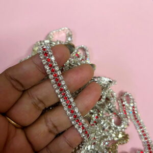 STONECHAIN012 ARNAS 1 MTR PACK OF WHITE RED SILVER PLATED  3 LAYER 24PP RINESTONE CHAIN FOR JEWELLERY MAKING | HAIRBAND MAKING| BANGLE MAKING|DECORATION