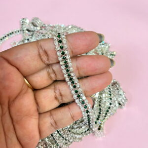 STONECHAIN014 ARNAS 1 MTR PACK OF  WHITE GREEN 3 LAYER 24PP RINESTONE CHAIN FOR JEWELLERY MAKING | HAIRBAND MAKING| BANGLE MAKING|DECORATION